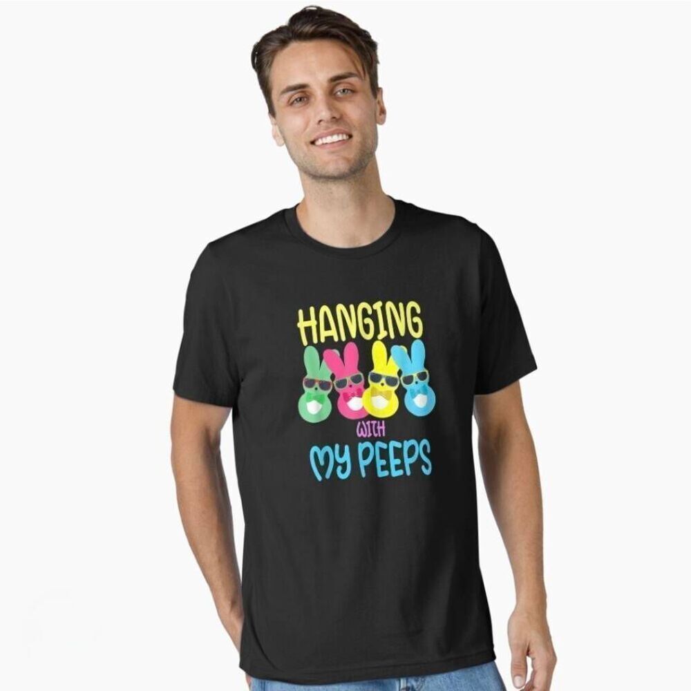 Easter Unisex Black Cotton Hanging with my Peeps Short Sleeve Crew Neck T-shirt